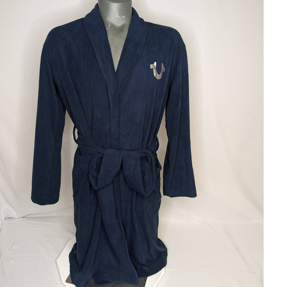 NWT True Religion Loungewear Mens Fleece Robe Navy With Silver Logo Size Small - Picture 1 of 8